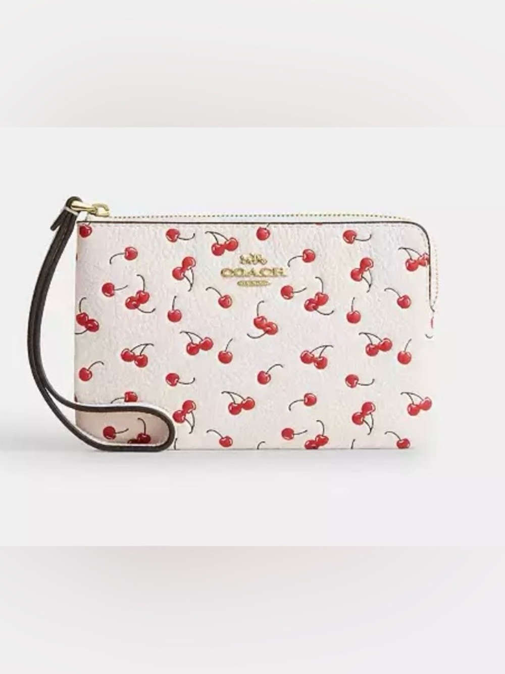 Coach Corner Zip Pouch Wristlet - w Cherry Print Brown Strap with Gold Hardware
